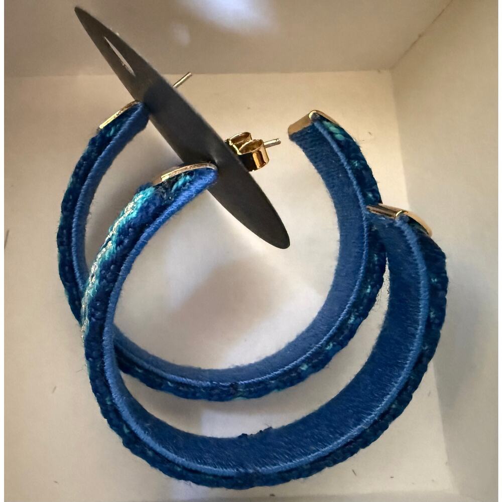 Mercedes Salazar Candongas Tejidas Blue Yarn Woven Hoop Earrings 2.25" - Picture 6 of 8